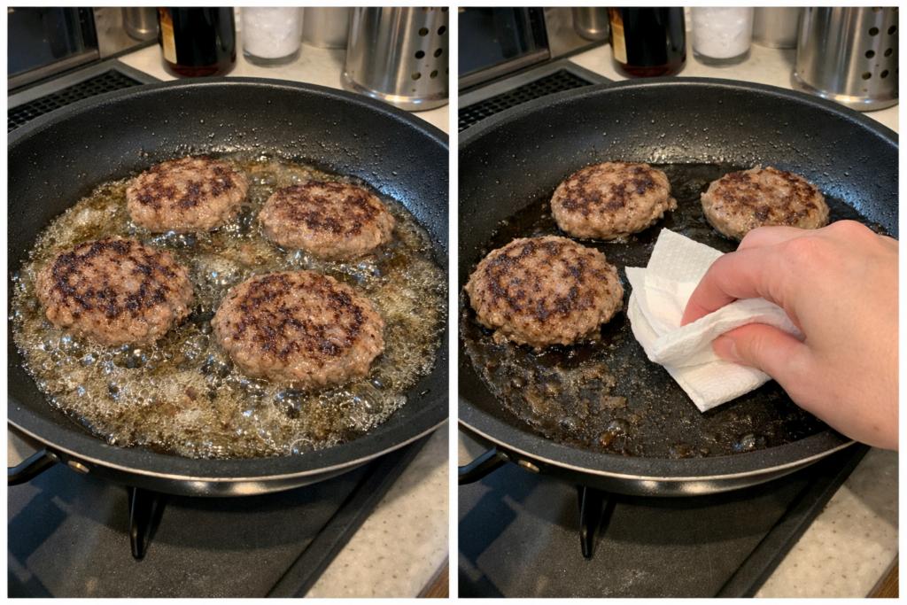 ハンバーグの脂をキッチンペーパーでふき取る