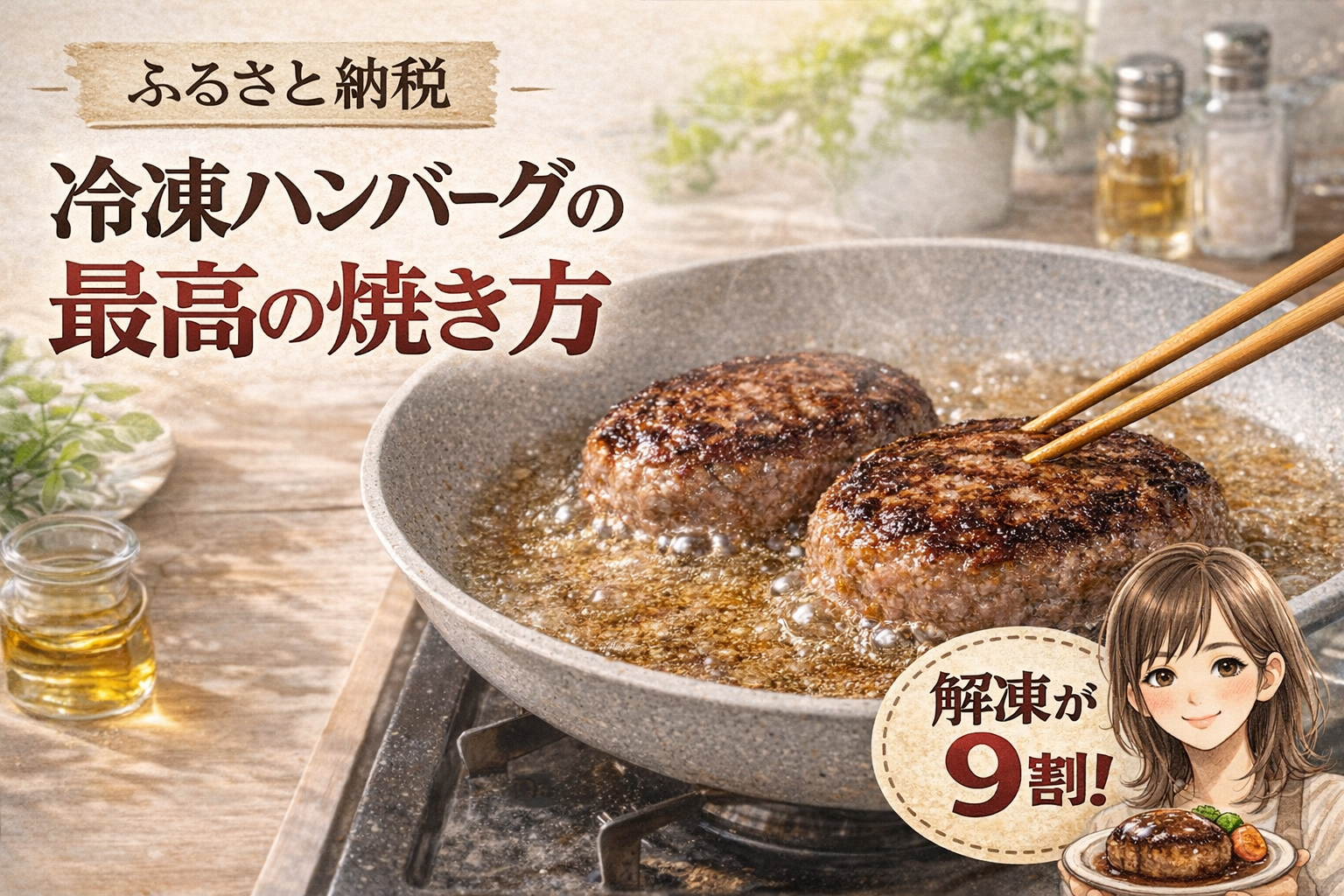 ふるさと納税で届いた冷凍ハンバーグをフライパンで美味しく焼いている様子